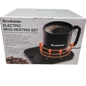 NEW Brookstone Electric Mug Heating Set Coffee Tea Warming Black Ceramic